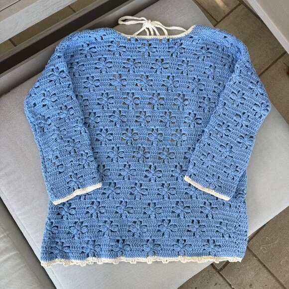 Free People Sweaters - New Free People Crochet Knit Tunic Sweater Blue Floral XS
